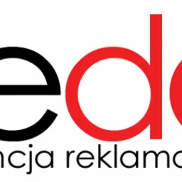 Logo firmy rede.pl, czarno-czerwony napis 'rede' nad tekstem 'agencja reklamowa', czarne litery 'r', 'e', czerwone litery 'd', 'e'.